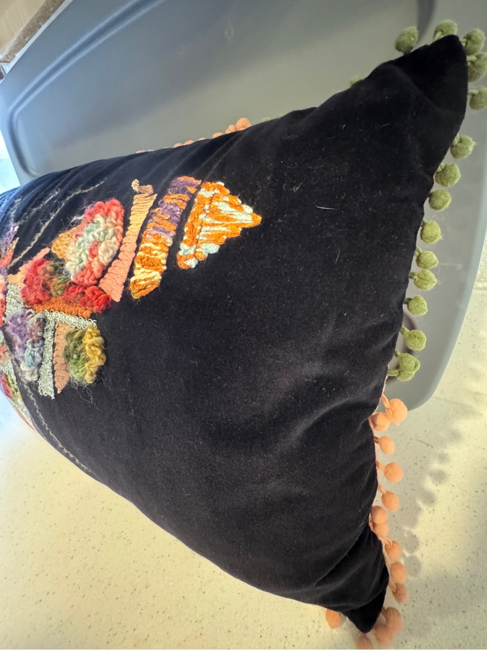 World Market- Handmade Hooked Bee Pillow in Multicolor on Black - Picture 3 of 11